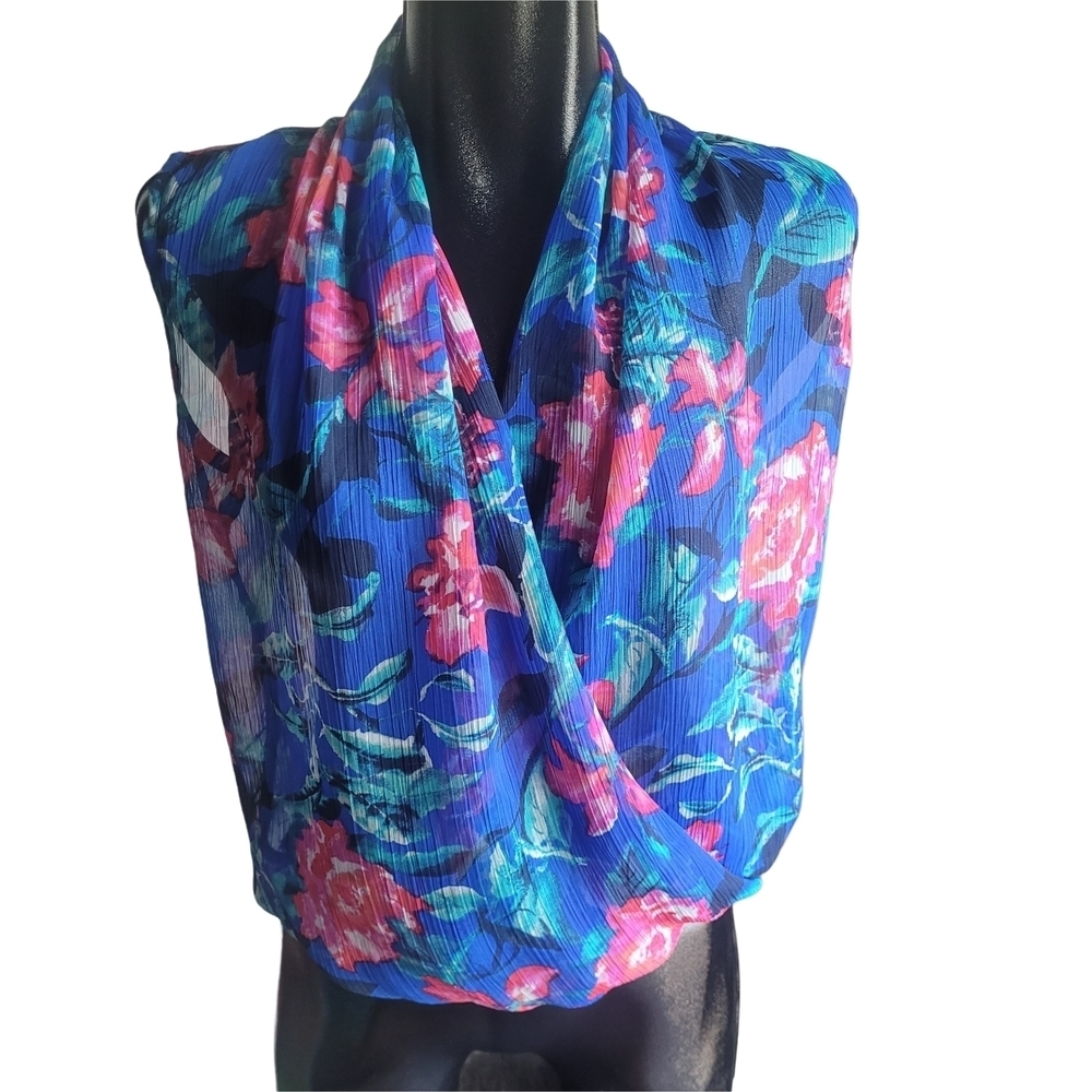 Cappucino Blue and Pink Semi Sheer Floral Sleeveless Wrap Blouse